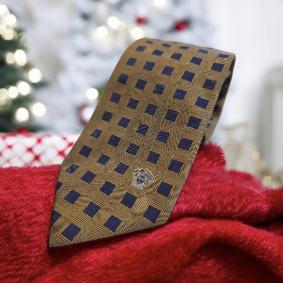 Versace Tie Vintage 90's Blue Checkered Medusa Head Silk Necktie